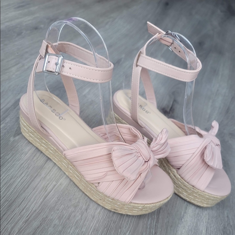Blush fabric bow wedge sandal. Bamboo brand Infinity style. TTS